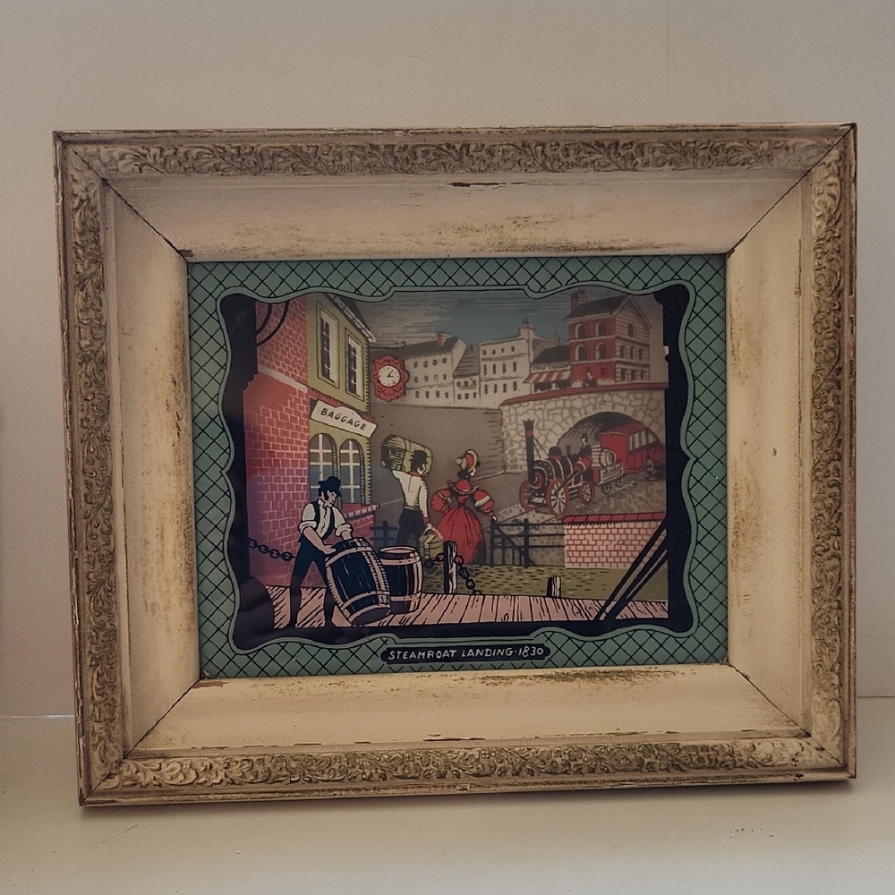 Vintage Framed Hudson River Steamboat Landing Reverse Painting